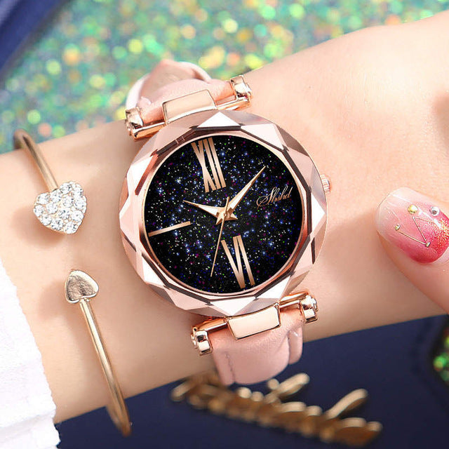 Foloy Women Watch Star Sky Dial Clock Luxury Rose Gold Fashion Women's Bracelet Quartz Wrist Watches