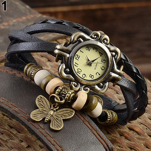 Women's Casual Vintage Multilayer Butterfly Faux Leather Bracelet Wrist Watch