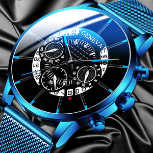 Luxury Men's Fashion Business Calendar Watches Blue Stainless Steel Mesh Belt Analog Quartz Watch relogio masculino