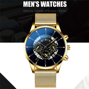 Luxury Men's Fashion Business Calendar Watches Blue Stainless Steel Mesh Belt Analog Quartz Watch relogio masculino