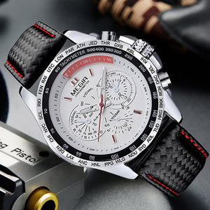 2019 MEGIR Imitation Three-Eyes Luminous Men's Watch Men Business Quartz Movement Watches leather Band Waterproof Luxury Watch