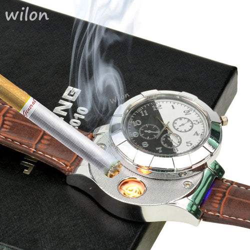 1pcs hot Fashion Rechargeable USB Lighter Watches Electronic Men's Casual Quartz Wristwatches Flameless Cigarette Lighter F667